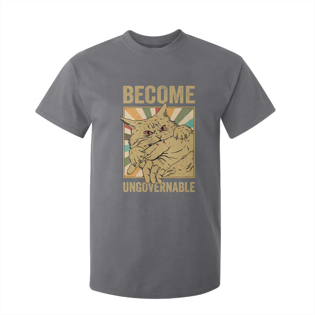 Become Ungovernable Cat T Shirt For Kid Funny Retro Cat Bite Horror Anime TS11 Charcoal Print Your Wear