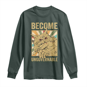 Become Ungovernable Cat Long Sleeve Shirt Funny Retro Cat Bite Horror Anime TS11 Dark Forest Green Print Your Wear