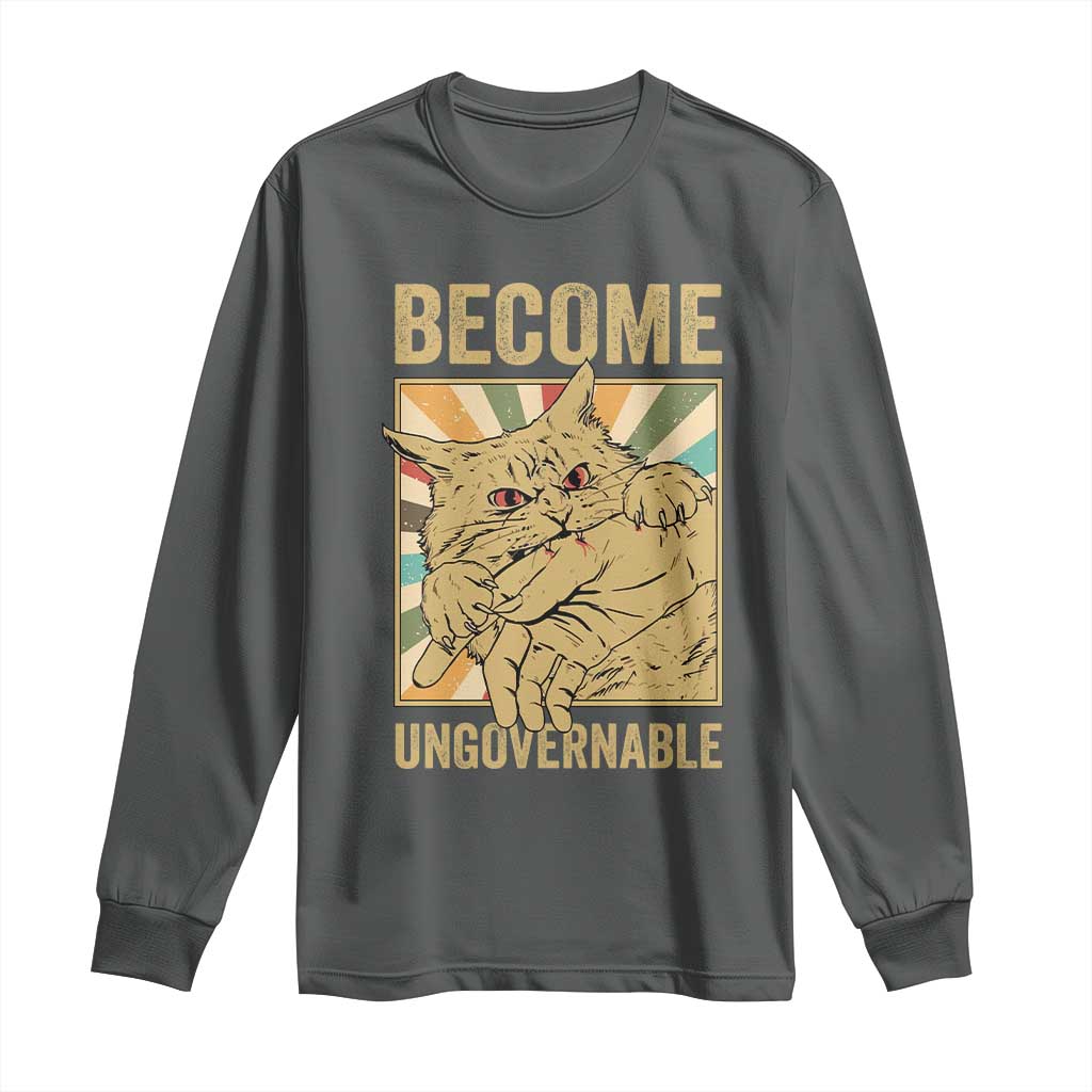 Become Ungovernable Cat Long Sleeve Shirt Funny Retro Cat Bite Horror Anime TS11 Dark Heather Print Your Wear