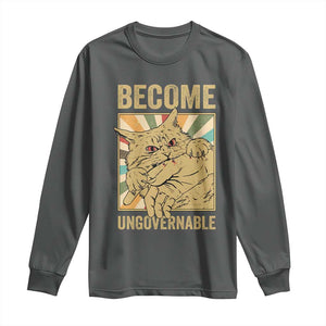 Become Ungovernable Cat Long Sleeve Shirt Funny Retro Cat Bite Horror Anime TS11 Dark Heather Print Your Wear