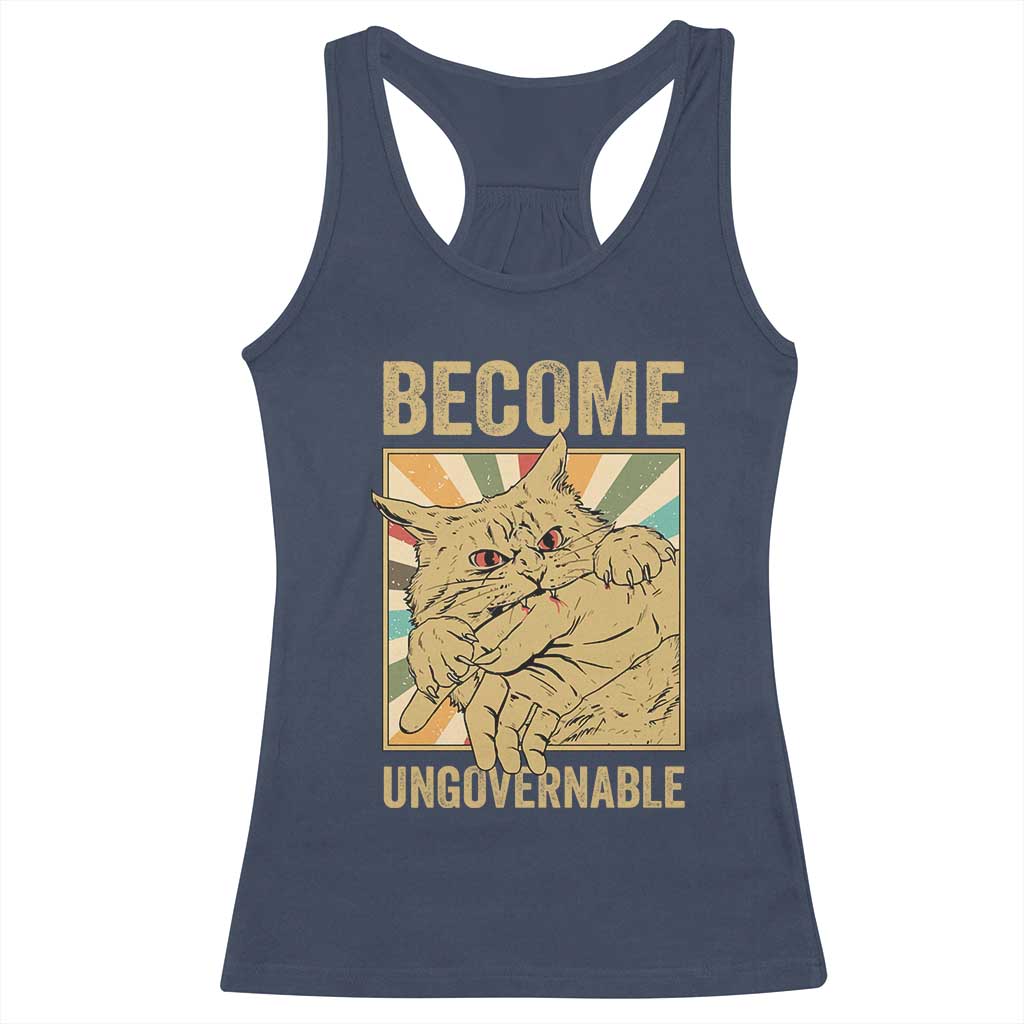 Become Ungovernable Cat Racerback Tank Top Funny Retro Cat Bite Horror Anime TS11 Navy Print Your Wear