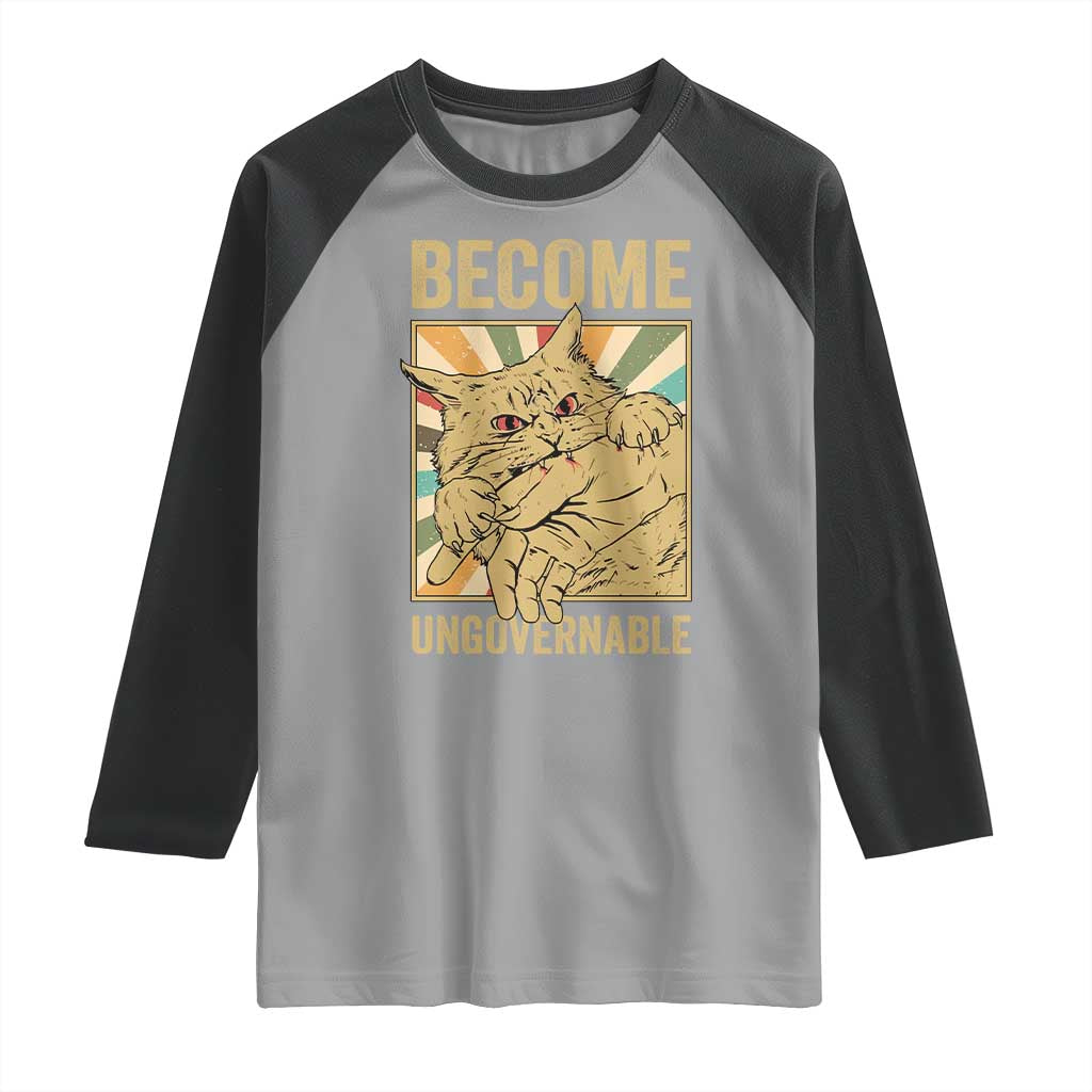 Become Ungovernable Cat Raglan Shirt Funny Retro Cat Bite Horror Anime TS11 Sport Gray Black Print Your Wear