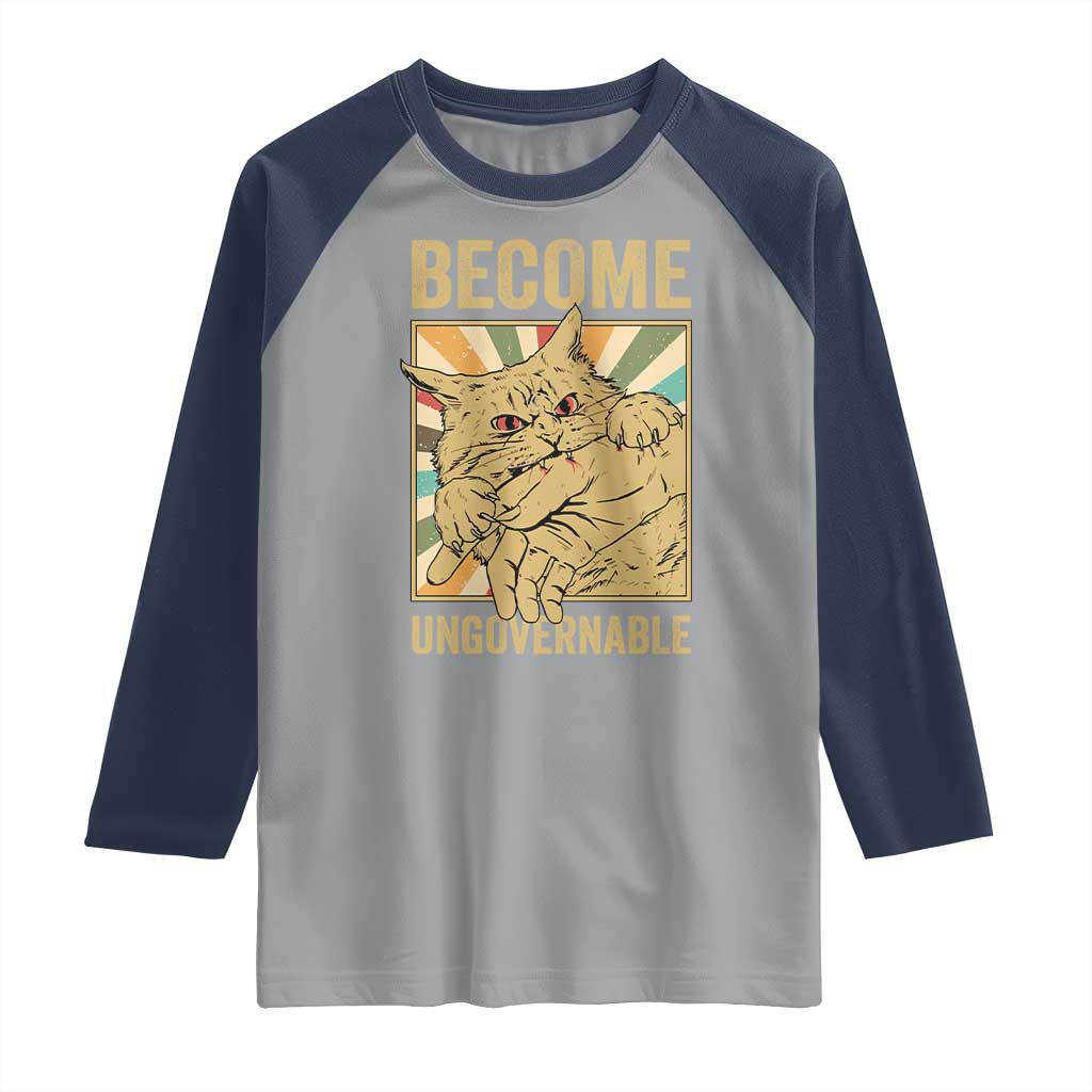 Become Ungovernable Cat Raglan Shirt Funny Retro Cat Bite Horror Anime TS11 Sport Gray Navy Print Your Wear