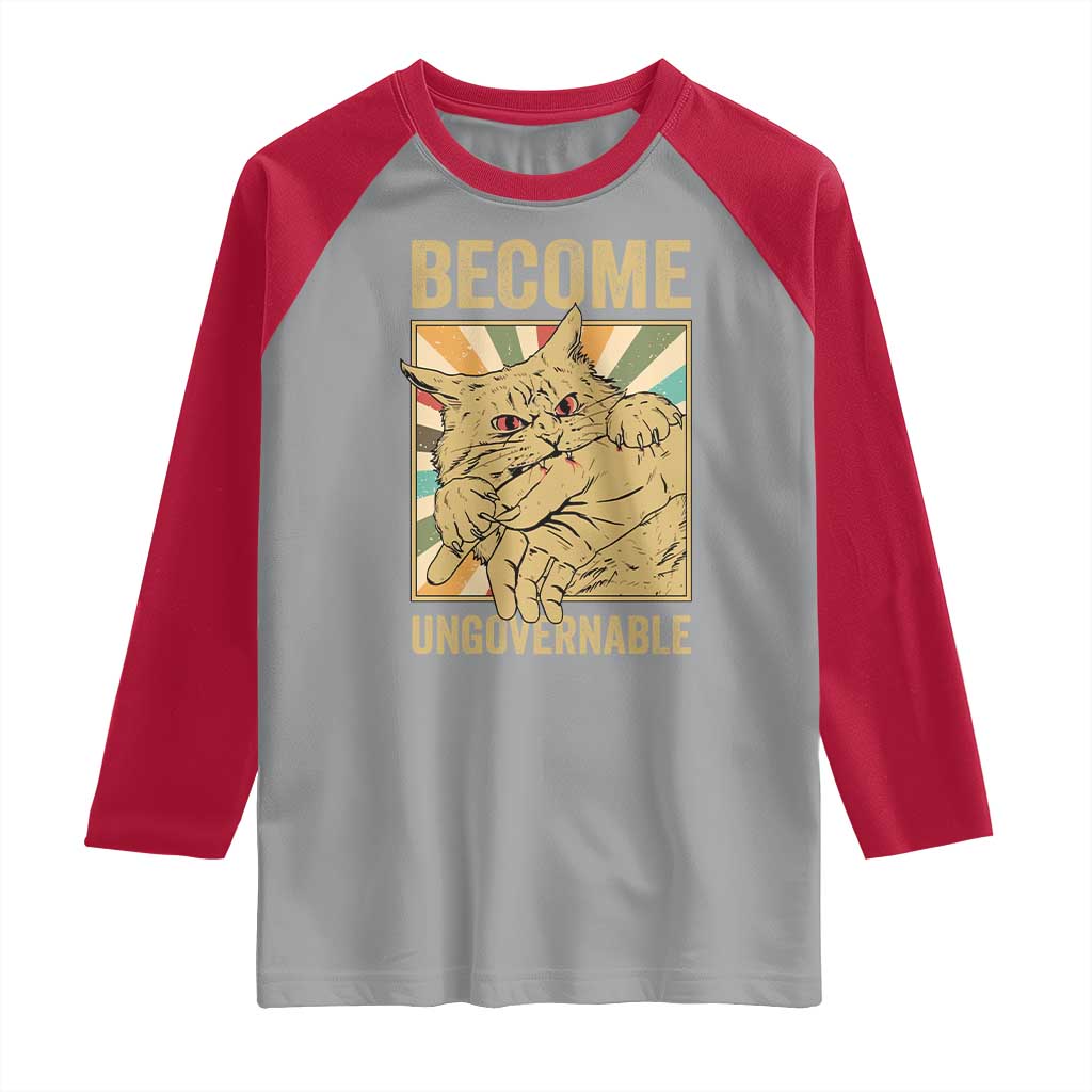 Become Ungovernable Cat Raglan Shirt Funny Retro Cat Bite Horror Anime TS11 Sport Gray Red Print Your Wear