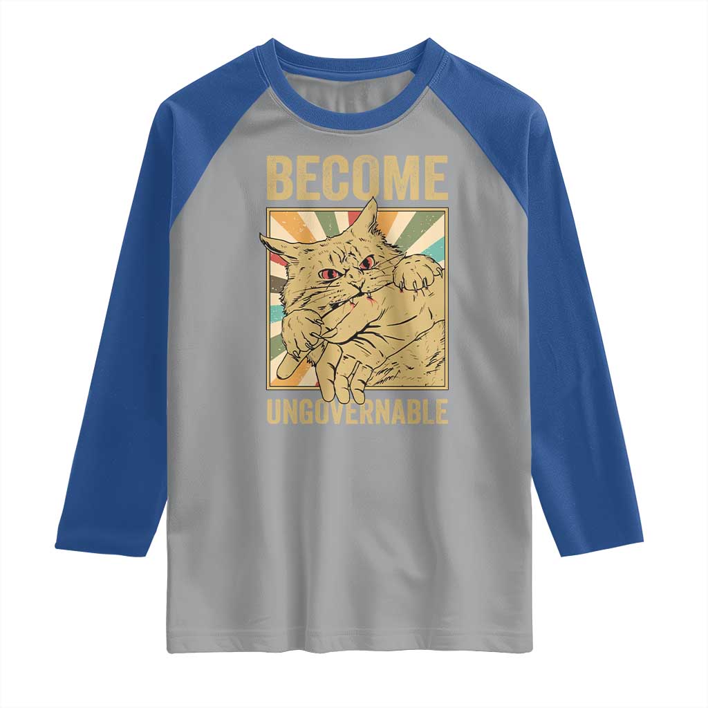 Become Ungovernable Cat Raglan Shirt Funny Retro Cat Bite Horror Anime TS11 Sport Gray Royal Print Your Wear
