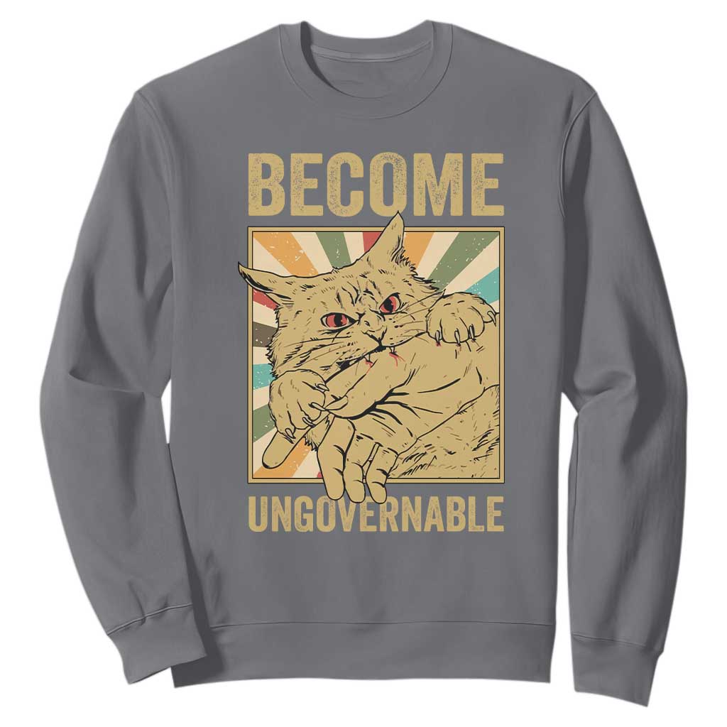 Become Ungovernable Cat Sweatshirt Funny Retro Cat Bite Horror Anime TS11 Charcoal Print Your Wear