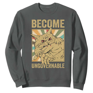 Become Ungovernable Cat Sweatshirt Funny Retro Cat Bite Horror Anime TS11 Dark Heather Print Your Wear