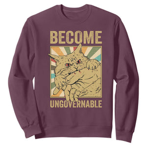 Become Ungovernable Cat Sweatshirt Funny Retro Cat Bite Horror Anime TS11 Maroon Print Your Wear