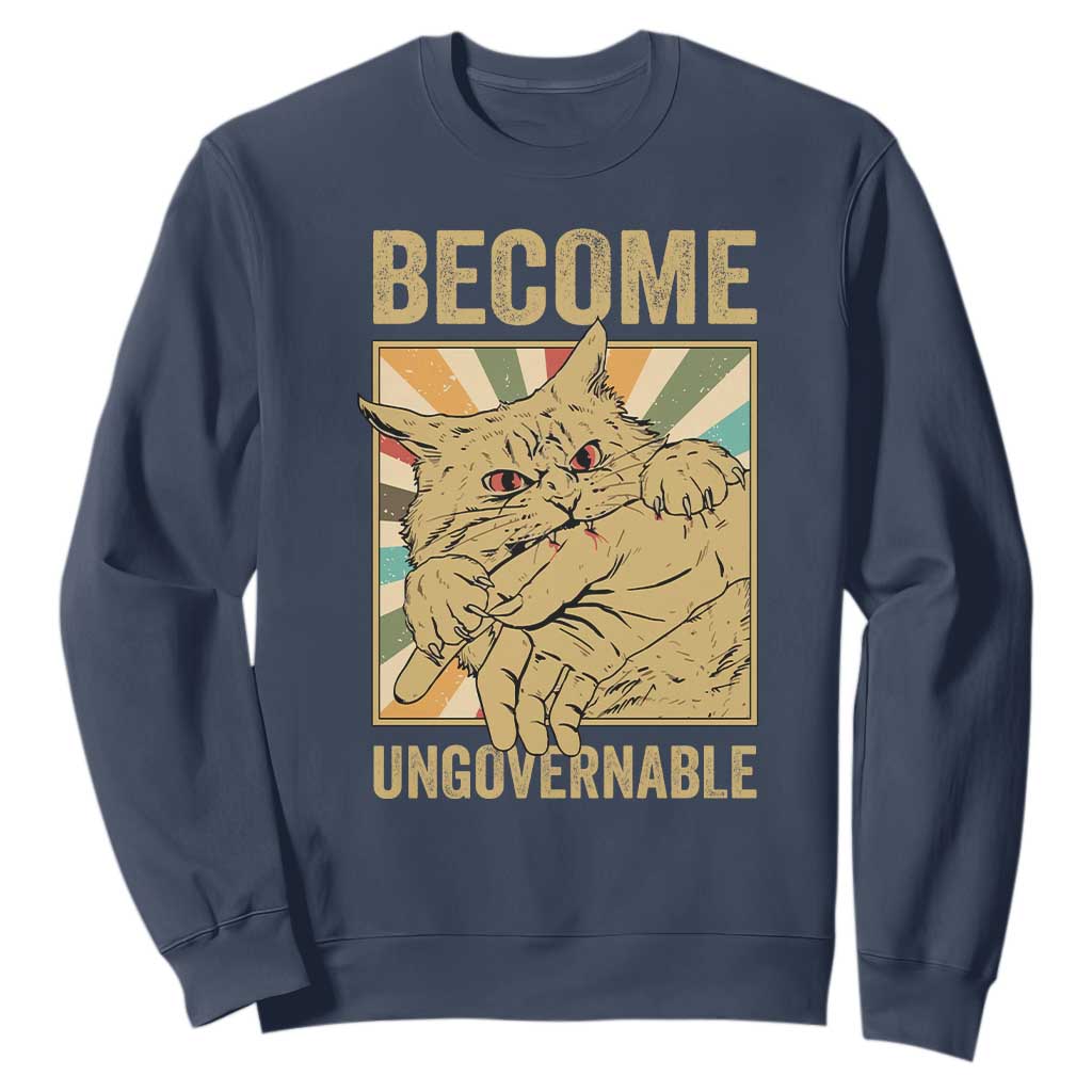 Become Ungovernable Cat Sweatshirt Funny Retro Cat Bite Horror Anime TS11 Navy Print Your Wear