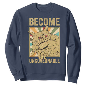 Become Ungovernable Cat Sweatshirt Funny Retro Cat Bite Horror Anime TS11 Navy Print Your Wear