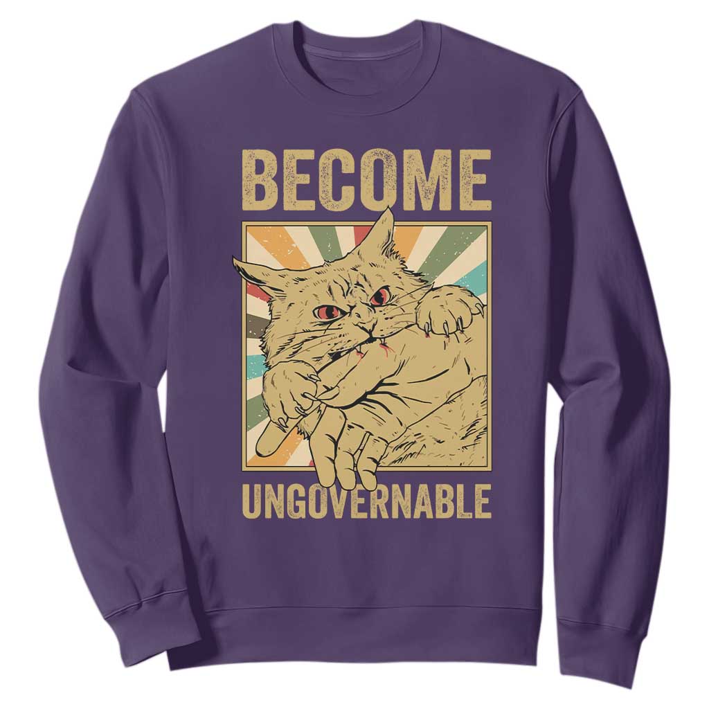 Become Ungovernable Cat Sweatshirt Funny Retro Cat Bite Horror Anime TS11 Purple Print Your Wear