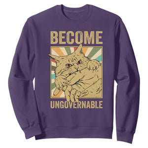 Become Ungovernable Cat Sweatshirt Funny Retro Cat Bite Horror Anime TS11 Purple Print Your Wear