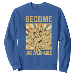 Become Ungovernable Cat Sweatshirt Funny Retro Cat Bite Horror Anime TS11 Royal Blue Print Your Wear