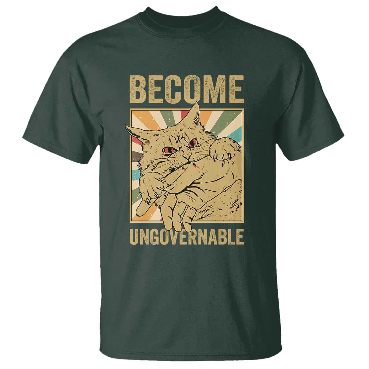 Become Ungovernable Cat T Shirt Funny Retro Cat Bite Horror Anime TS11 Dark Forest Green Print Your Wear