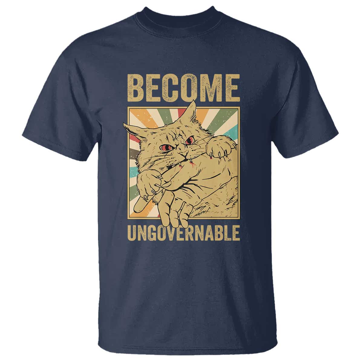 Become Ungovernable Cat T Shirt Funny Retro Cat Bite Horror Anime TS11 Navy Print Your Wear