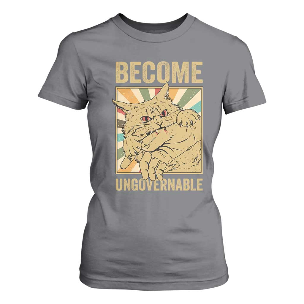 Become Ungovernable Cat T Shirt For Women Funny Retro Cat Bite Horror Anime TS11 Charcoal Print Your Wear