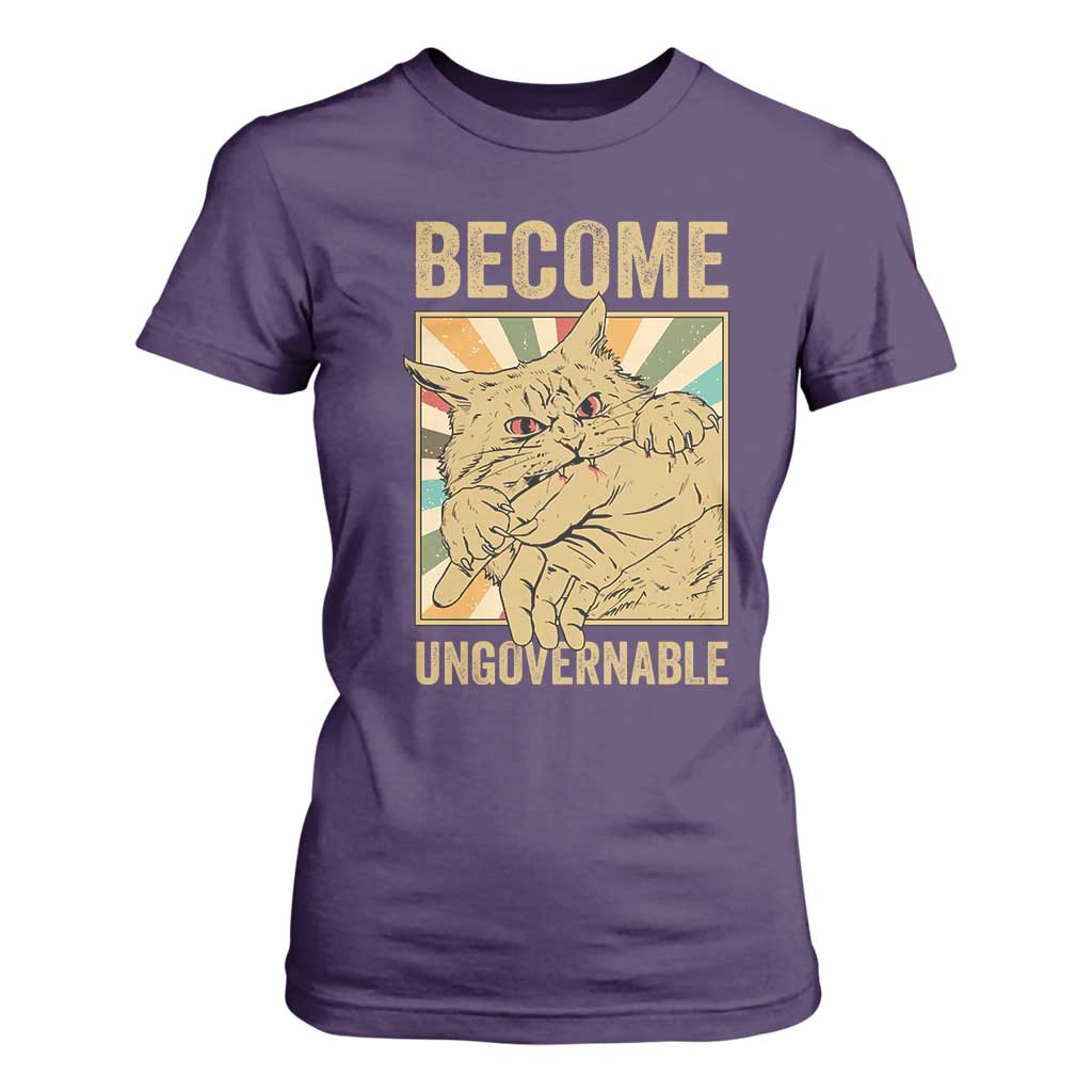 Become Ungovernable Cat T Shirt For Women Funny Retro Cat Bite Horror Anime TS11 Purple Print Your Wear