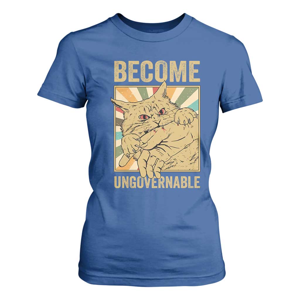 Become Ungovernable Cat T Shirt For Women Funny Retro Cat Bite Horror Anime TS11 Royal Blue Print Your Wear