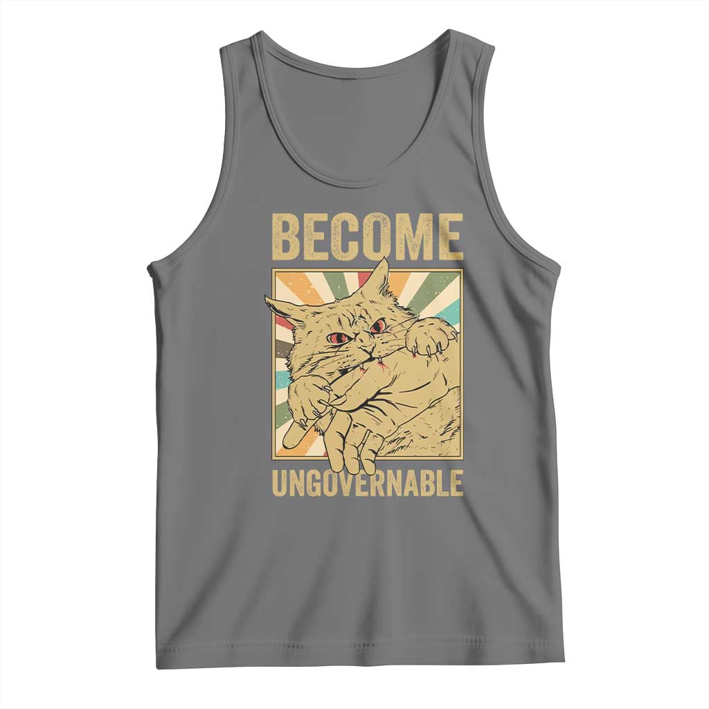Become Ungovernable Cat Tank Top Funny Retro Cat Bite Horror Anime TS11 Black Heather Print Your Wear