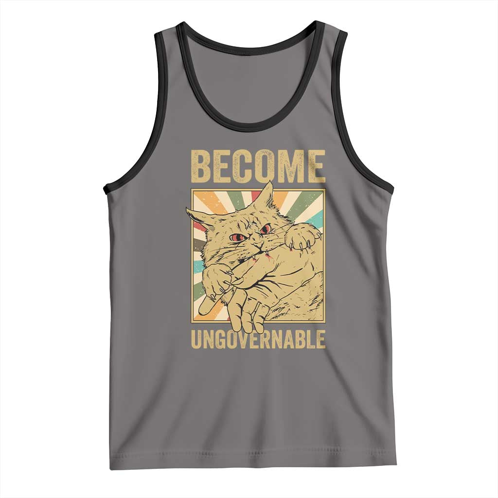 Become Ungovernable Cat Tank Top Funny Retro Cat Bite Horror Anime TS11 Deep Heather Black Print Your Wear
