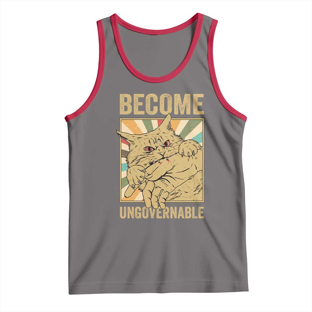 Become Ungovernable Cat Tank Top Funny Retro Cat Bite Horror Anime TS11 Deep Heather Red Print Your Wear