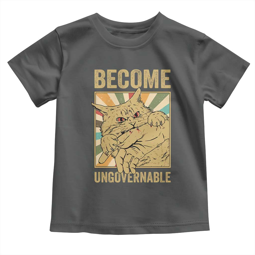 Become Ungovernable Cat Toddler T Shirt Funny Retro Cat Bite Horror Anime TS11 Dark Heather Print Your Wear