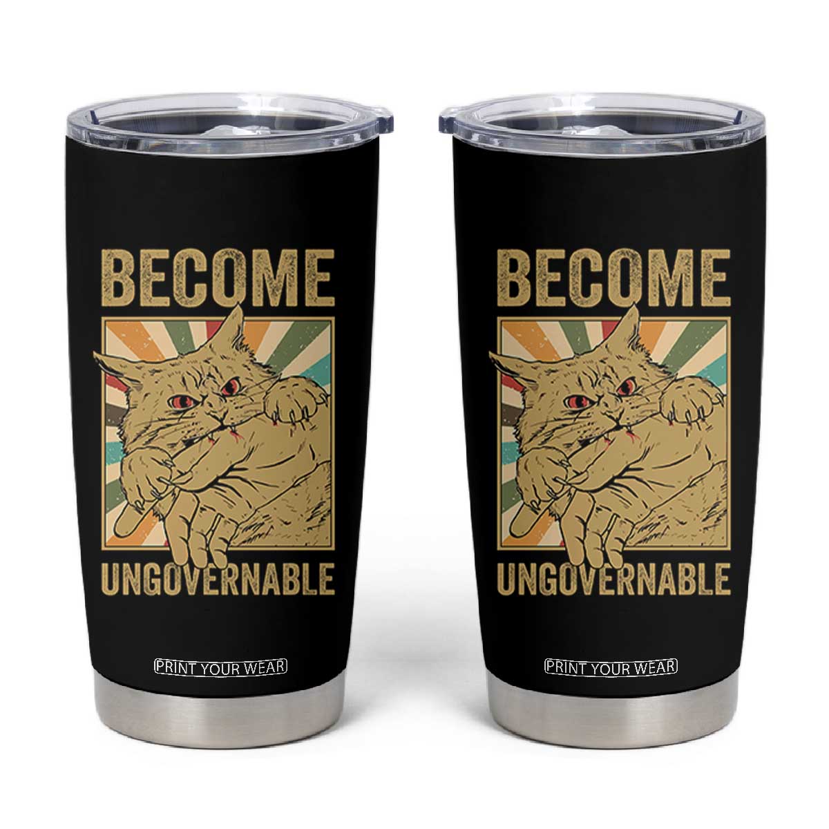 Become Ungovernable Cat Tumbler Cup Funny Retro Cat Bite Horror Anime TS11 Black Print Your Wear