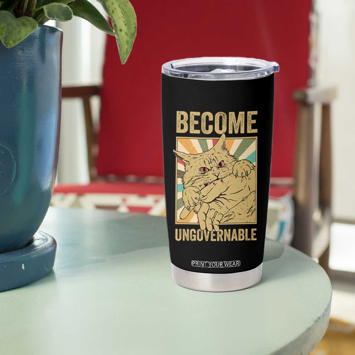 Become Ungovernable Cat Tumbler Cup Funny Retro Cat Bite Horror Anime TS11 Print Your Wear