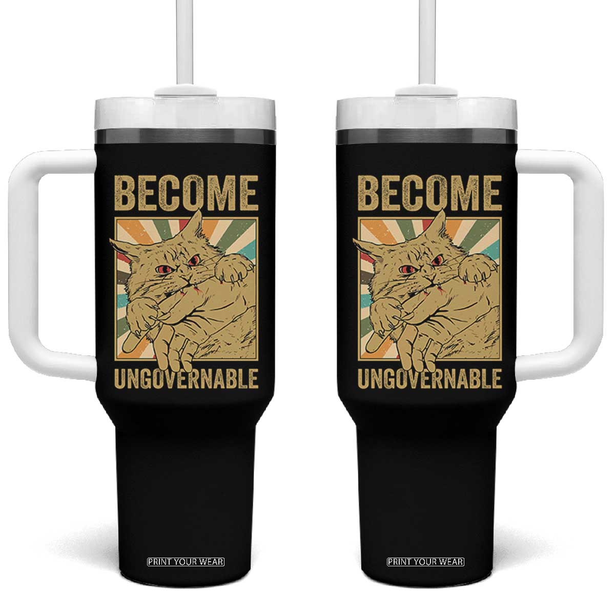Become Ungovernable Cat Tumbler With Handle Funny Retro Cat Bite Horror Anime TS11 One Size: 40 oz Black Print Your Wear