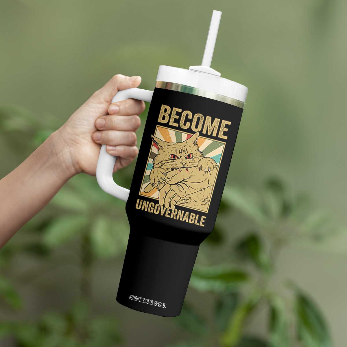 Become Ungovernable Cat Tumbler With Handle Funny Retro Cat Bite Horror Anime TS11 Print Your Wear