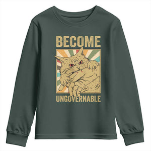Become Ungovernable Cat Youth Sweatshirt Funny Retro Cat Bite Horror Anime TS11 Dark Forest Green Print Your Wear