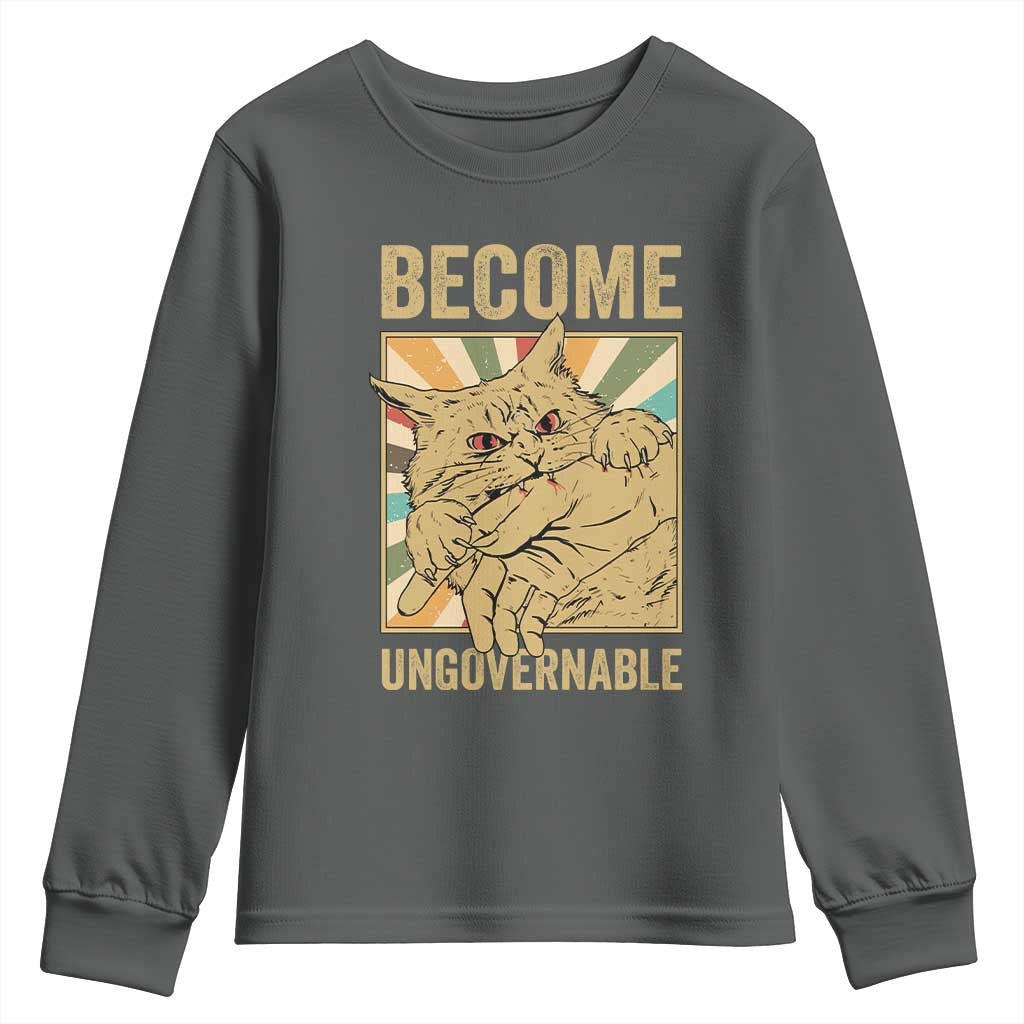 Become Ungovernable Cat Youth Sweatshirt Funny Retro Cat Bite Horror Anime TS11 Dark Heather Print Your Wear