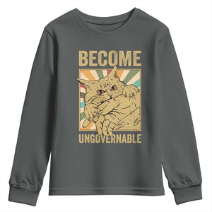 Become Ungovernable Cat Youth Sweatshirt Funny Retro Cat Bite Horror Anime TS11 Dark Heather Print Your Wear