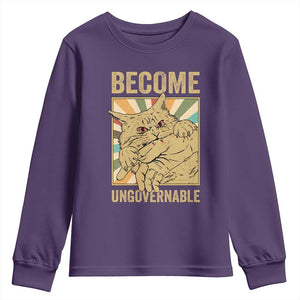 Become Ungovernable Cat Youth Sweatshirt Funny Retro Cat Bite Horror Anime TS11 Purple Print Your Wear
