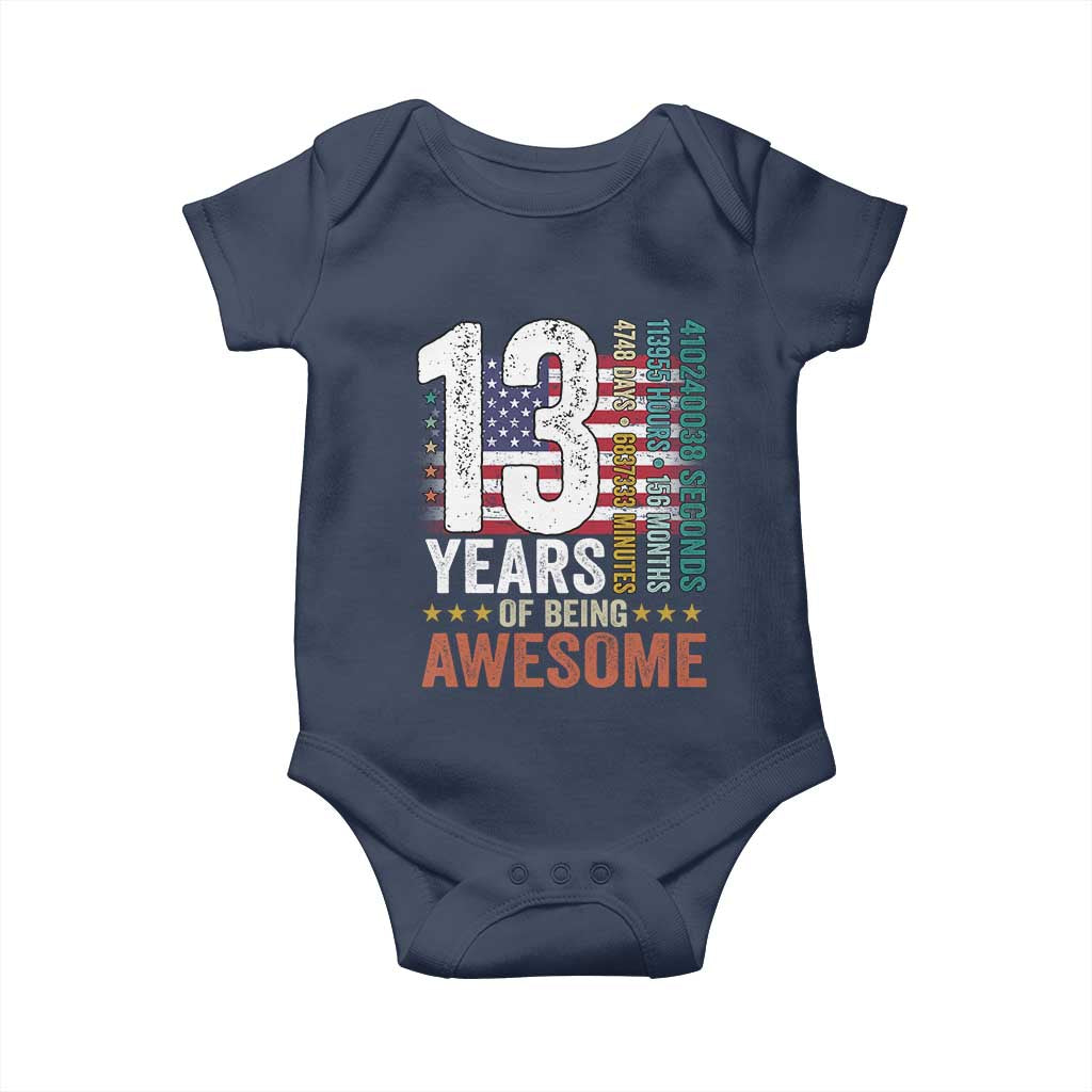 Funny 13th Birthday Baby Onesie 13 Years 156 Months Of Being Awesome American Flag TS11 Navy Print Your Wear