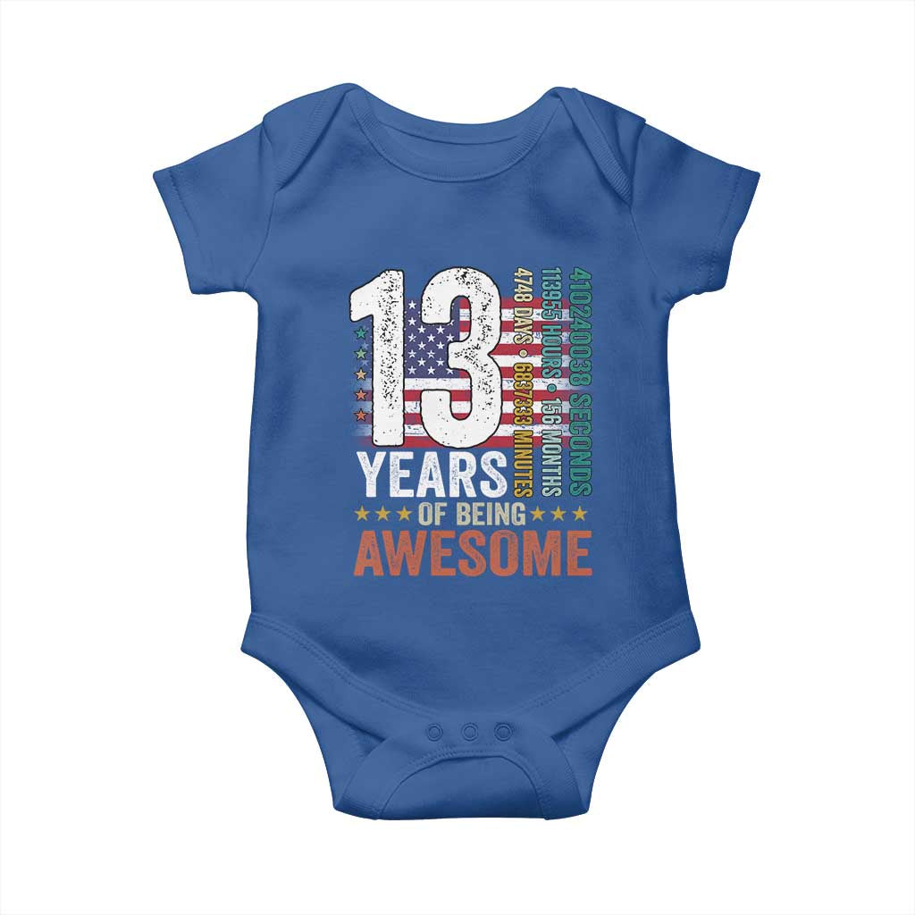 Funny 13th Birthday Baby Onesie 13 Years 156 Months Of Being Awesome American Flag TS11 Royal Blue Print Your Wear
