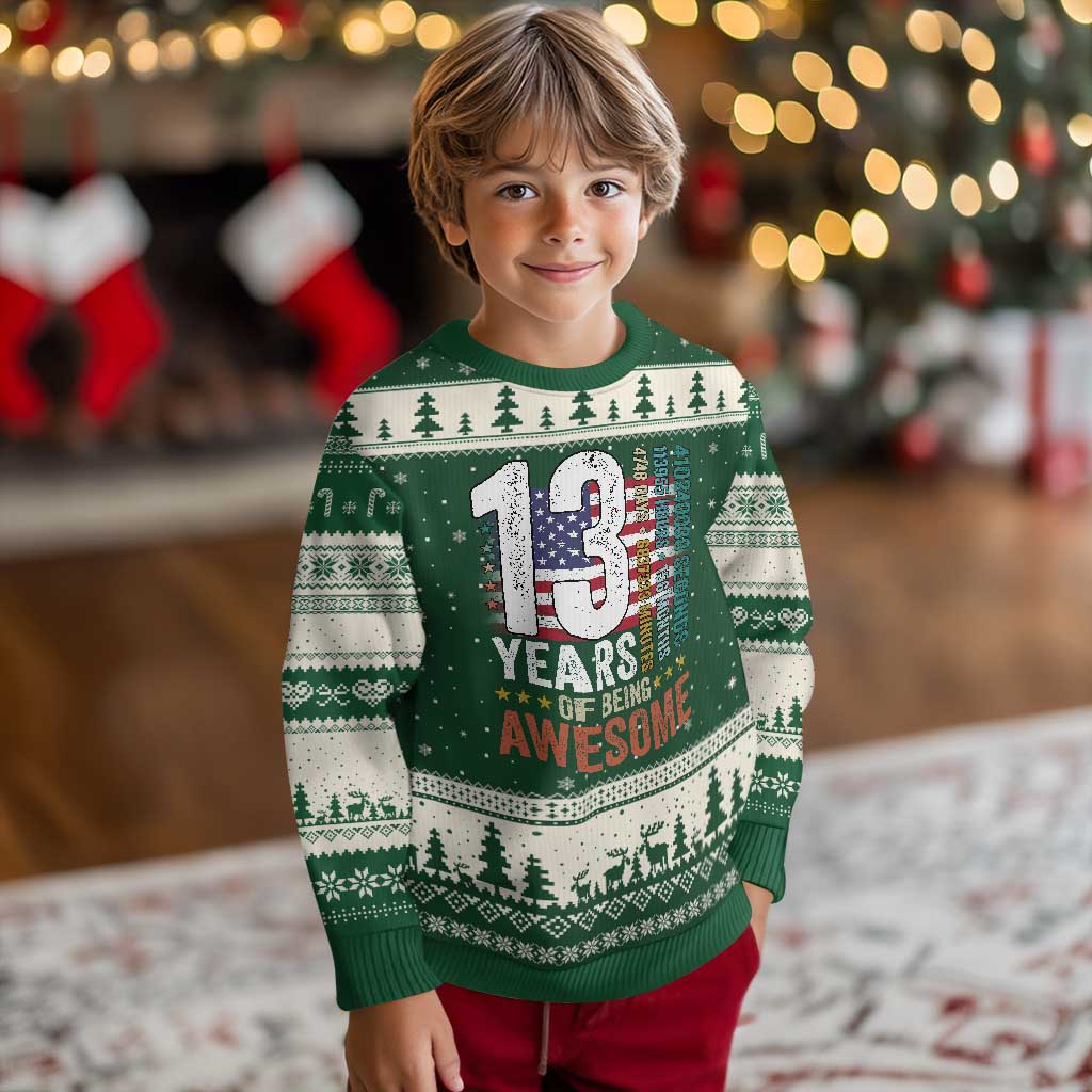 Funny 13th Birthday Ugly Christmas Sweater 13 Years 156 Months Of Being Awesome American Flag TS11 Forest Green Beige Print Your Wear