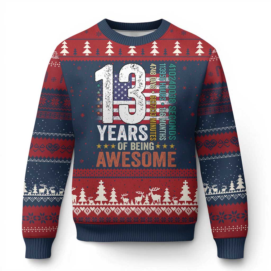 Funny 13th Birthday Ugly Christmas Sweater 13 Years 156 Months Of Being Awesome American Flag TS11 Navy Red Print Your Wear