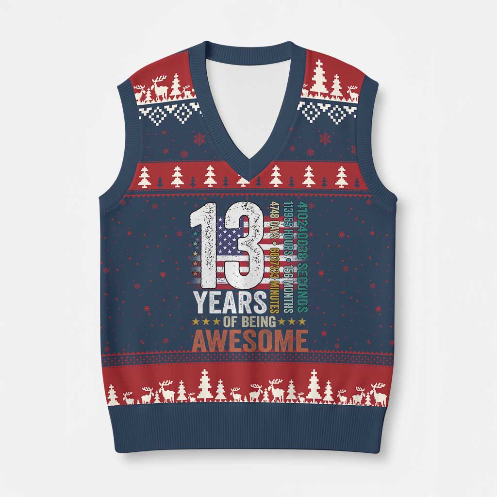 Funny 13th Birthday V-Neck Knit Sweater Vest 13 Years 156 Months Of Being Awesome American Flag TS11 Navy Red Print Your Wear