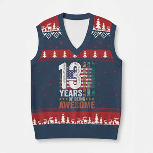 Funny 13th Birthday V-Neck Knit Sweater Vest 13 Years 156 Months Of Being Awesome American Flag TS11 Navy Red Print Your Wear