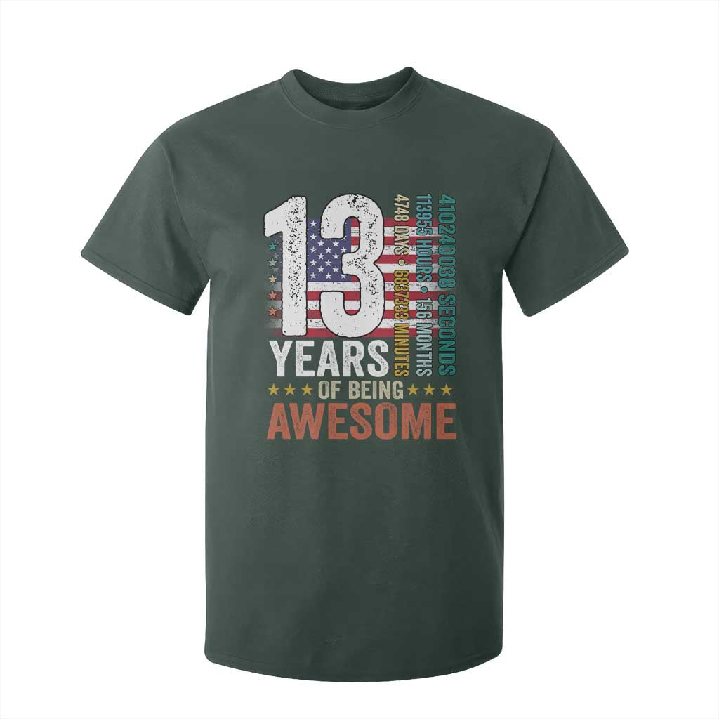 Funny 13th Birthday T Shirt For Kid 13 Years 156 Months Of Being Awesome American Flag TS11 Dark Forest Green Print Your Wear