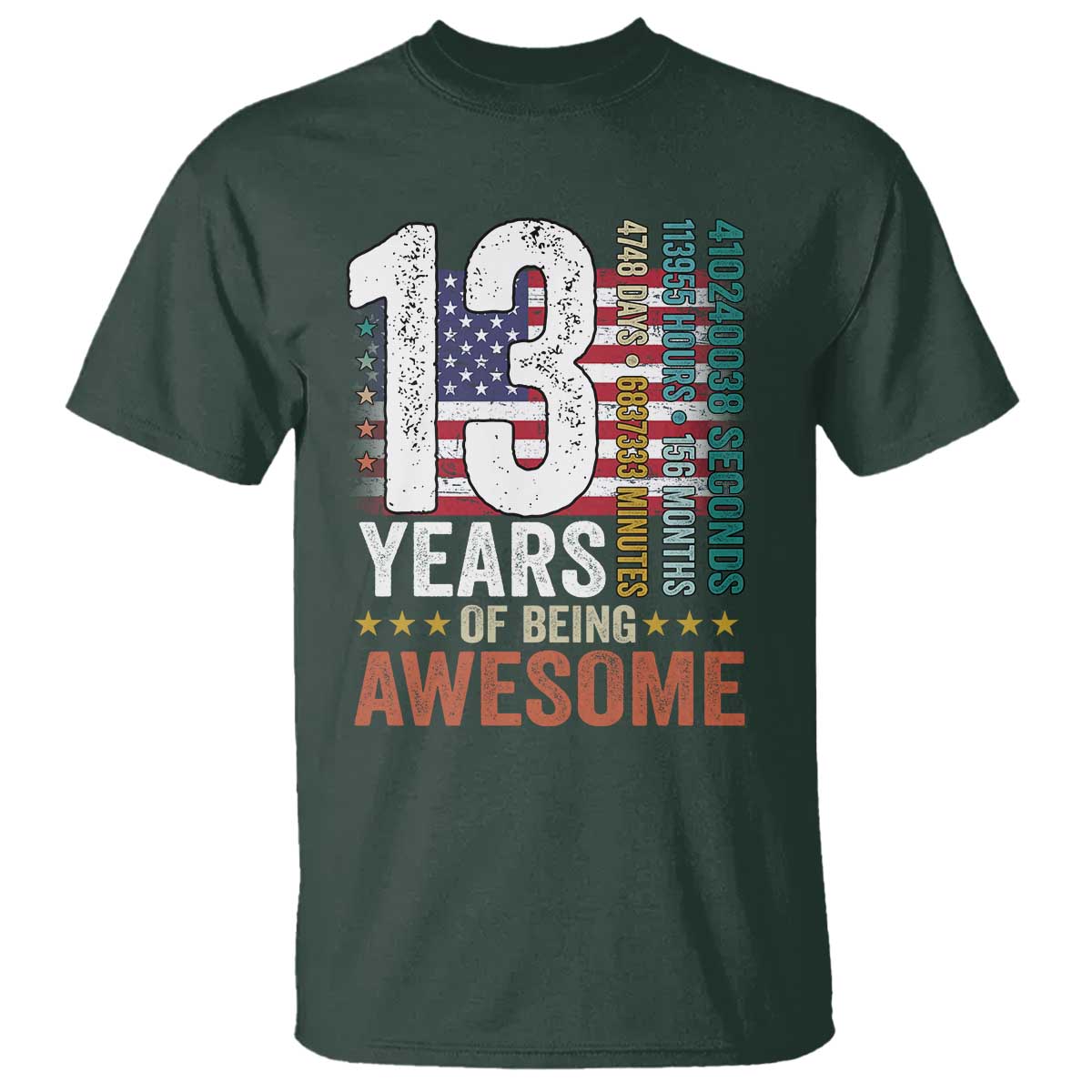 Funny 13th Birthday T Shirt 13 Years 156 Months Of Being Awesome American Flag TS11 Dark Forest Green Print Your Wear