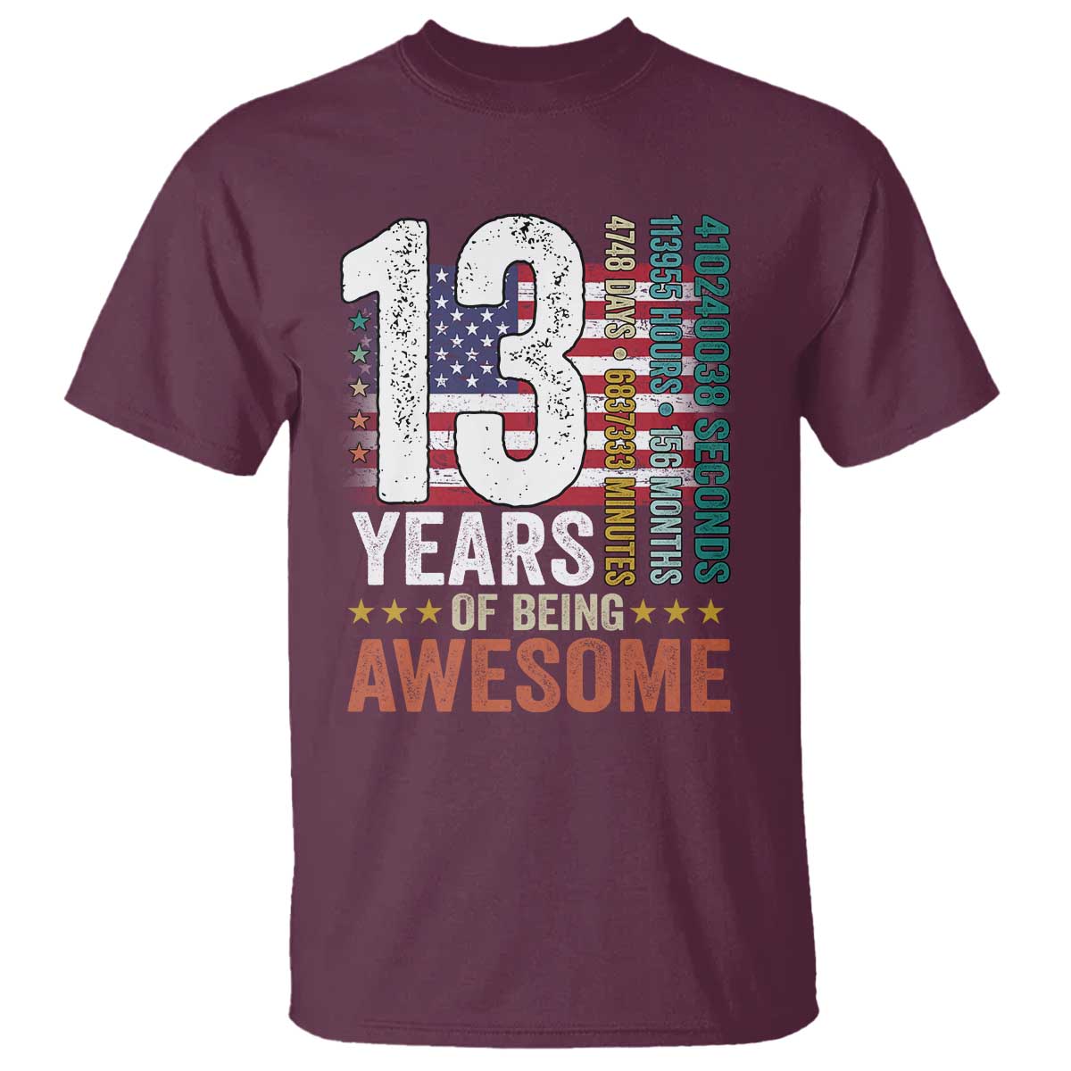 Funny 13th Birthday T Shirt 13 Years 156 Months Of Being Awesome American Flag TS11 Maroon Print Your Wear