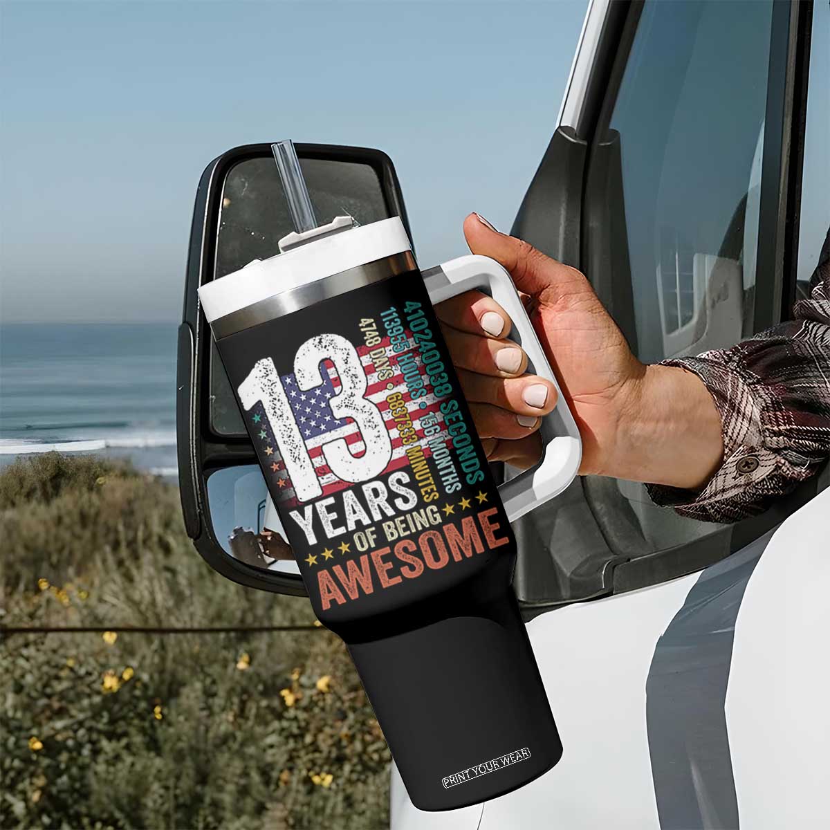 Funny 13th Birthday Tumbler With Handle 13 Years 156 Months Of Being Awesome American Flag TS11 Print Your Wear