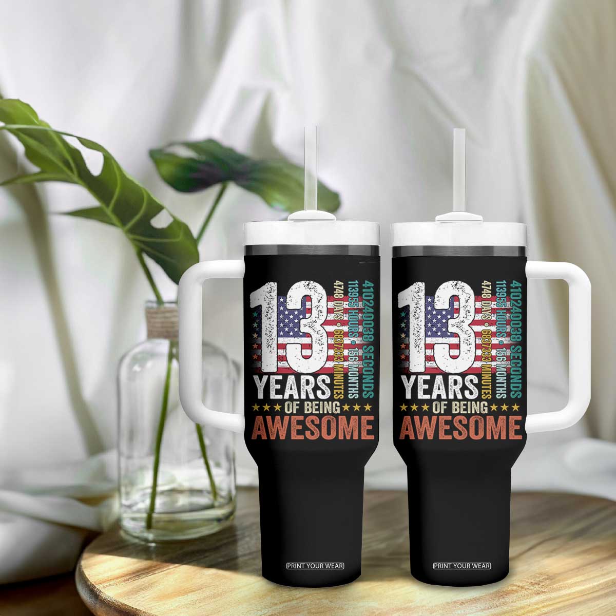 Funny 13th Birthday Tumbler With Handle 13 Years 156 Months Of Being Awesome American Flag TS11 Print Your Wear