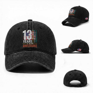 Funny 13th Birthday Washed Cotton Baseball Cap 13 Years 156 Months Of Being Awesome American Flag