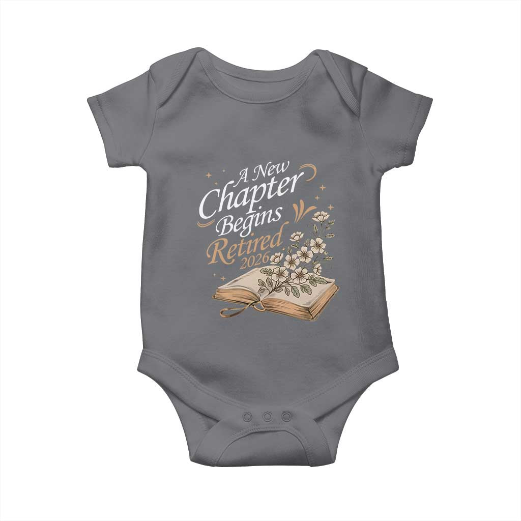 A New Chapter Begins Retired 2026 Baby Onesie Retired Teacher Floral Book TS11 Charcoal Print Your Wear