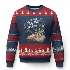 A New Chapter Begins Retired 2026 Ugly Christmas Sweater Retired Teacher Floral Book TS11 Navy Red Print Your Wear