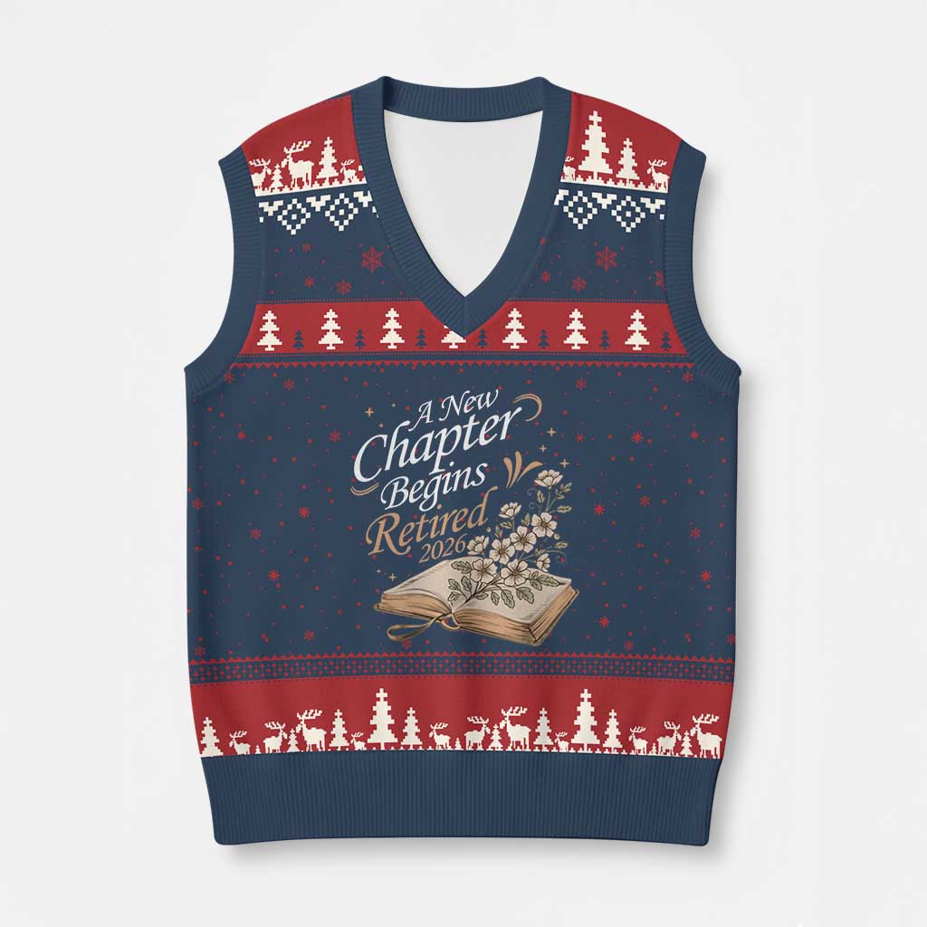 A New Chapter Begins Retired 2026 V-Neck Knit Sweater Vest Retired Teacher Floral Book TS11 Navy Red Print Your Wear