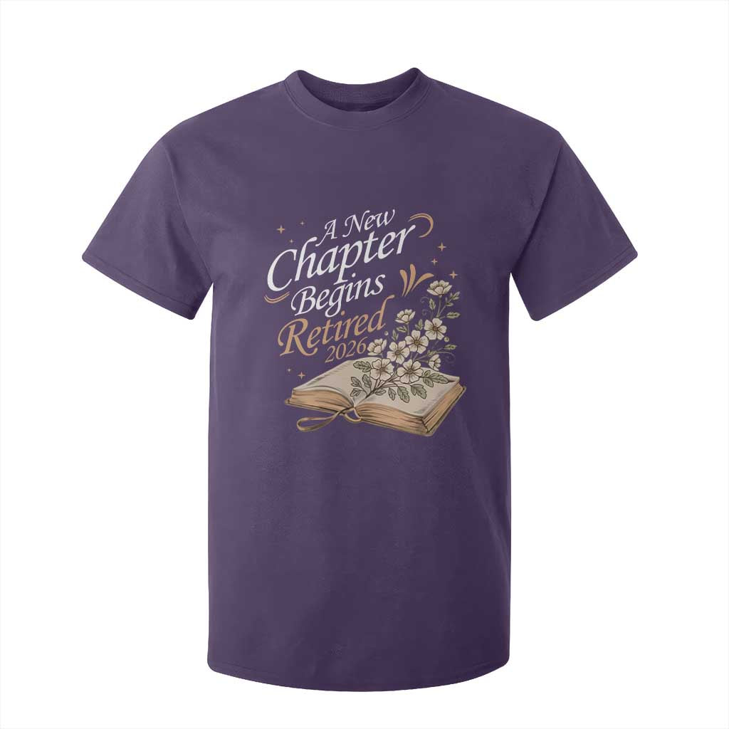 A New Chapter Begins Retired 2026 T Shirt For Kid Retired Teacher Floral Book TS11 Purple Print Your Wear